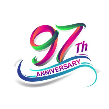 97 yıldönümü kutlama Logo yeşil ve kırmızı renkli. doksan yedi yıl Doğum günü logosu beyaz arka plan üzerinde.