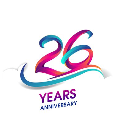 26 yıldönümü kutlama logo mavi ve kırmızı renkli. Doğum günü logosu beyaz arka plan üzerinde.