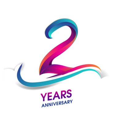 2 yıldönümü kutlama logo mavi ve kırmızı renkli. Doğum günü logosu beyaz arka plan üzerinde.