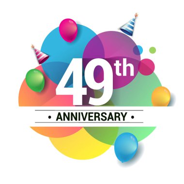 49 yıl yıldönümü logo, vektör tasarım Doğum günü kutlaması ile renkli geometrik, daireler ve beyaz arka plan üzerinde izole balonlar.