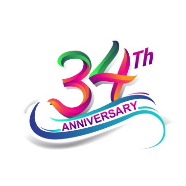 34 yıldönümü kutlama Logo yeşil ve kırmızı renkli. doksan yedi yıl Doğum günü logosu beyaz arka plan üzerinde.