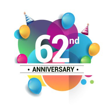 62 yıl yıldönümü logo, vektör tasarım Doğum günü kutlaması ile renkli geometrik, daireler ve beyaz arka plan üzerinde izole balonlar.