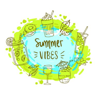 Yaz arka plan, logo, elle çizilmiş ve tasarım öğeleri için yaz tatili, poster ve davet için vektör çizim.