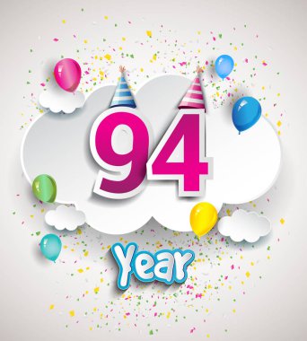 94 yıldönümü kutlama tasarım, bulutlar ve balon, konfeti ile. Vektör şablon öğeleri için senin, altmış sekiz yıl Doğum günü kutlama partisi.