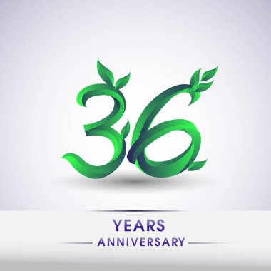 36 yıldönümü kutlama logo yaprakları ve yeşil renkli. 99 Doğum günü logosu beyaz arka plan üzerinde.