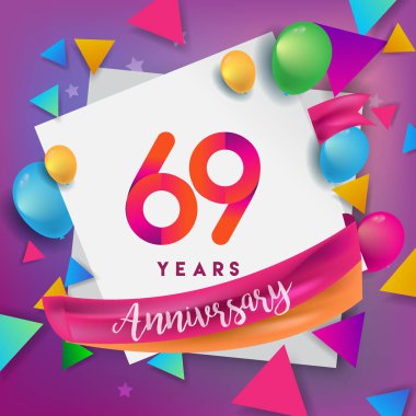 69 yıl yıldönümü kutlama tasarım, balonlar ve şerit, renkli tasarım öğeleri için afiş, davetiye, tebrik kartı, altmış üç Doğum günü kutlama partisi.