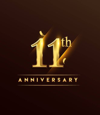 11 yıldönümü parlayan logo renkli konfeti altın ile tebrik kartı ve davetiye için tasarım vektör koyu arka plan üzerinde izole.