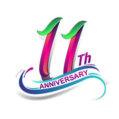 11 yıllık yıldönümü kutlama logo mavi ve kırmızı renkli. Doğum günü logosu beyaz arka plan üzerinde
