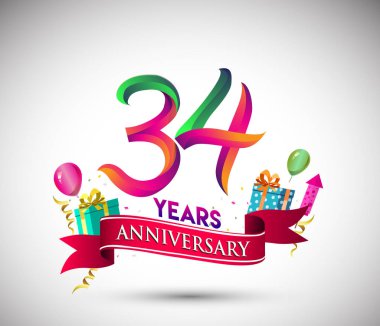 34 yıldönümü kutlama tasarımı için hediye kutusu ve balonlar, kırmızı kurdele, renkli vektör şablon öğeleri ile senin, doksan yedi yıl Doğum günü kutlama partisi.