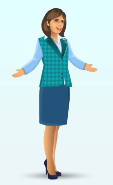 Öğretmen veya öğretim poz sunuda, kadın öğretmen karikatür figürü sundu, dersler, eğitim, sınıf vektör çizim