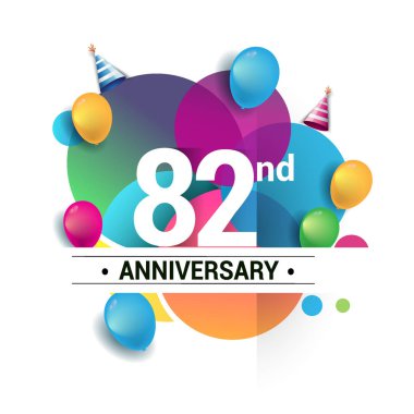 82 yıl yıldönümü logo, vektör tasarım Doğum günü kutlaması ile renkli geometrik, daireler ve beyaz arka plan üzerinde izole balonlar.