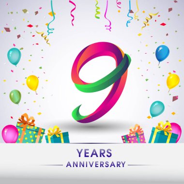 9 yıldönümü kutlama tasarım, hediye kutuları, balonlar ve konfeti, renkli vektör şablon öğeleri için senin, seksen iki yıl Doğum günü kutlama partisi.