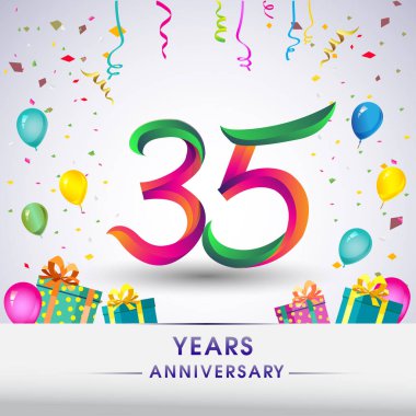 35 yıldönümü kutlama tasarım, hediye kutusu, balonlar ve konfeti, renkli vektör şablon öğeleri için senin, sekiz yıl Doğum günü kutlama partisi.