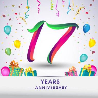17 yıldönümü kutlama tasarım, hediye kutusu, balonlar ve konfeti, renkli vektör şablon öğeleri için senin, sekiz yıl Doğum günü kutlama partisi.