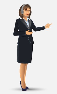 İş pozisyonu veya sunuyu pozlar, vektör çizim ayakta ile siyah elbiseli kadını