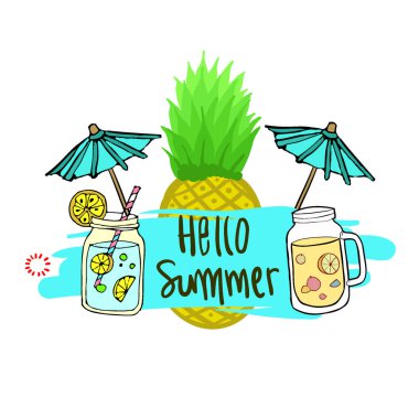 Yaz arka plan, logo, elle çizilmiş ve tasarım öğeleri için yaz tatili, poster ve davet için vektör çizim.