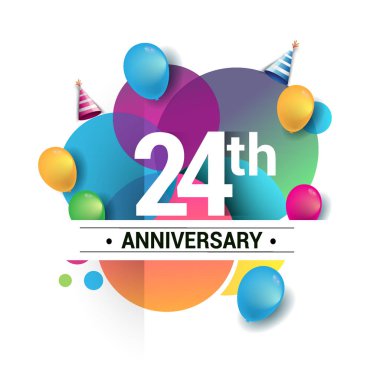 24 yıl yıldönümü logo, vektör tasarım Doğum günü kutlaması ile renkli geometrik, daireler ve beyaz arka plan üzerinde izole balonlar.