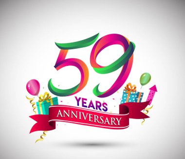 59 yıldönümü kutlama tasarımı için hediye kutusu ve balonlar, kırmızı kurdele, renkli vektör şablon öğeleri ile senin, doksan yedi yıl Doğum günü kutlama partisi.