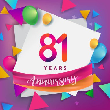 81 yıl yıldönümü kutlama tasarım, balonlar ve şerit, renkli tasarım öğeleri için afiş, davetiye, tebrik kartı, altmış üç Doğum günü kutlama partisi.