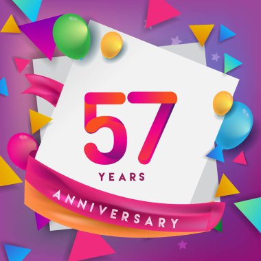 57 yıl yıldönümü kutlama tasarım, balonlar ve şerit, renkli tasarım öğeleri için afiş, davetiye, tebrik kartı, altmış üç Doğum günü kutlama partisi.