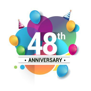 48 yıllık yıldönümü logo, vektör tasarım Doğum günü kutlaması ile renkli geometrik, daireler ve beyaz arka plan üzerinde izole balonlar.