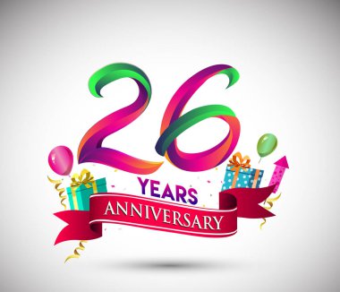 26 yıldönümü kutlama tasarımı için hediye kutusu ve balonlar, kırmızı kurdele, renkli vektör şablon öğeleri ile senin, doksan yedi yıl Doğum günü kutlama partisi.