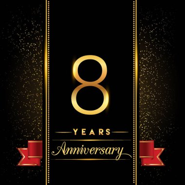 8 yıl dönümü parlayan logo renkli konfeti altın ile tebrik kartı ve davetiye için tasarım vektör koyu arka plan üzerinde izole.