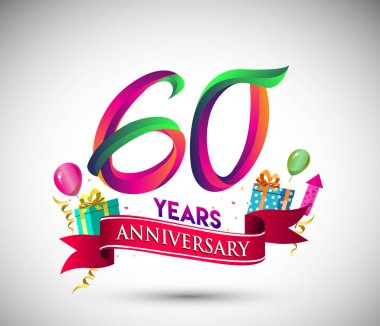 60 yıldönümü kutlama tasarımı için hediye kutusu ve balonlar, kırmızı kurdele, renkli vektör şablon öğeleri ile senin, doksan yedi yıl Doğum günü kutlama partisi.