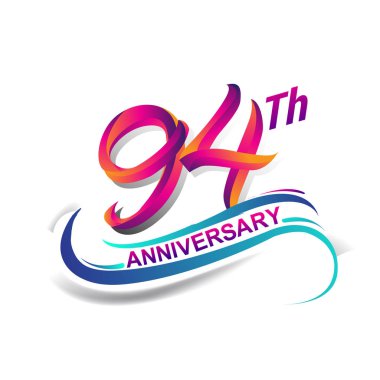 94 yıldönümü kutlama logo mavi ve kırmızı renkli. doksan dokuz yıl Doğum günü logosu beyaz arka plan üzerinde.