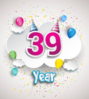 39 yıldönümü kutlama tasarım, bulutlar ve balon, konfeti ile. Vektör şablon öğeleri için senin, altmış sekiz yıl Doğum günü kutlama partisi.