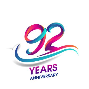 92 yıldönümü kutlama logo mavi ve kırmızı renkli. Doğum günü logosu beyaz arka plan üzerinde.