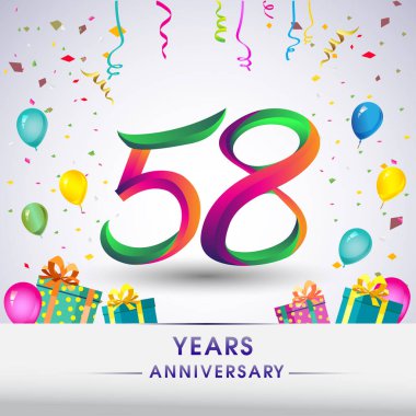 58 yıldönümü kutlama tasarım, hediye kutusu, balonlar ve konfeti, renkli vektör şablon öğeleri için senin, sekiz yıl Doğum günü kutlama partisi.