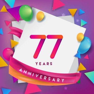 77 yıl yıldönümü kutlama tasarım, balonlar ve şerit, renkli tasarım öğeleri için afiş, davetiye, tebrik kartı, altmış üç Doğum günü kutlama partisi.