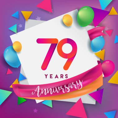 79 yıl yıldönümü kutlama tasarım, balonlar ve şerit, renkli tasarım öğeleri için afiş, davetiye, tebrik kartı, altmış üç Doğum günü kutlama partisi.
