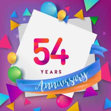 54 yıl yıldönümü kutlama tasarım, balonlar ve şerit, renkli tasarım öğeleri için afiş, davetiye, tebrik kartı, altmış üç Doğum günü kutlama partisi.