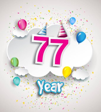 77 yıldönümü kutlama tasarım, bulutlar ve balon, konfeti ile. Vektör şablon öğeleri için senin, altmış sekiz yıl Doğum günü kutlama partisi.