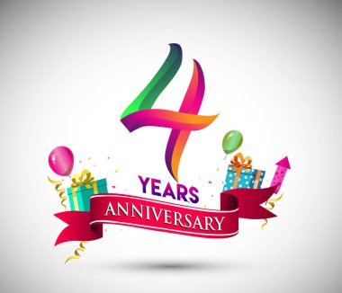 4 yıldönümü kutlama tasarımı için hediye kutusu ve balonlar, kırmızı kurdele, renkli vektör şablon öğeleri ile senin, doksan yedi yıl Doğum günü kutlama partisi.