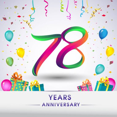 78 yıldönümü kutlama tasarım, hediye kutusu, balonlar ve konfeti, renkli vektör şablon öğeleri için senin, sekiz yıl Doğum günü kutlama partisi.