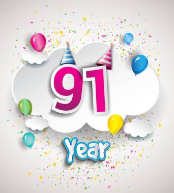 91 yıldönümü kutlama tasarım, bulutlar ve balon, konfeti ile. Vektör şablon öğeleri için senin, altmış sekiz yıl Doğum günü kutlama partisi.