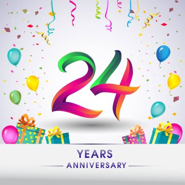 24 yıldönümü kutlama tasarım, hediye kutusu, balonlar ve konfeti, renkli vektör şablon öğeleri için senin, sekiz yıl Doğum günü kutlama partisi.