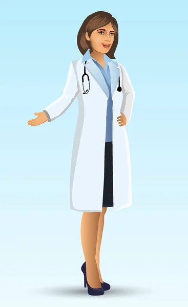 Joven Doctor Con Posición Pie Figura Dibujos Animados Mujer Médico — Vector de stock