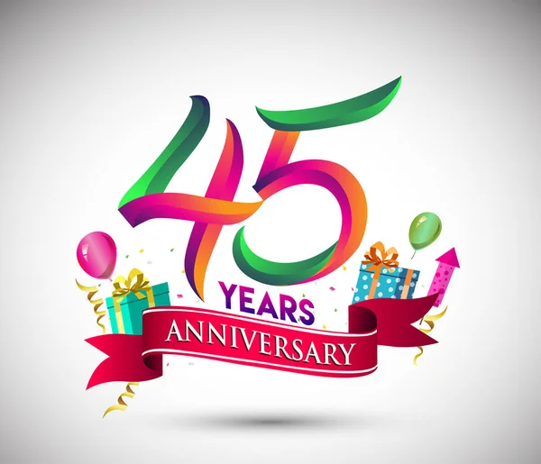 45周年庆典设计 带礼品盒和气球 红丝带 彩色矢量模板元素为您 九十七年生日庆祝聚会 — 图库矢量图片