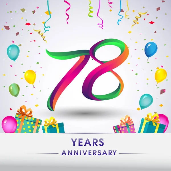 78 yıldönümü kutlama tasarım, hediye kutusu, balonlar ve konfeti, renkli vektör şablon öğeleri için senin, sekiz yıl Doğum günü kutlama partisi.