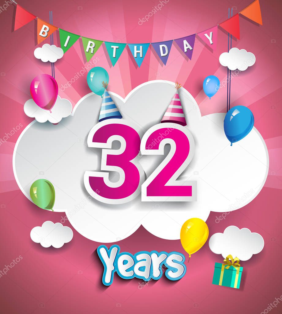 32  Years Birthday Design for greeting cards and poster, with  gift boxes, balloons. design template for anniversary celebration