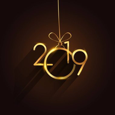 Yeni yıl kartı şablonu 2019 altın metin. Kış tebrik kartı kahverengi arka plan üzerinde renkli vektör çizim