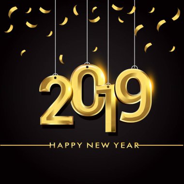 Yeni yıl kartı şablonu 2019 metin. Kış tebrik kartı siyah arka plan üzerinde renkli vektör çizim