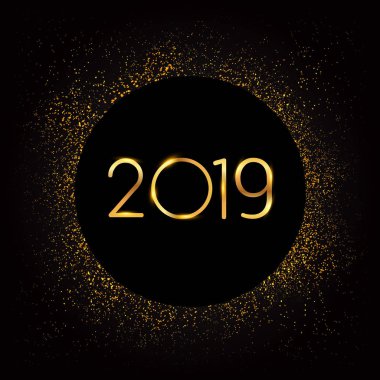 Yeni yıl kartı şablonu 2019 metin. Kış tebrik kartı siyah arka plan üzerinde renkli vektör çizim