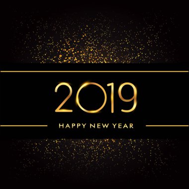 Yeni yıl kartı şablonu 2019 metin. Kış tebrik kartı siyah arka plan üzerinde renkli vektör çizim
