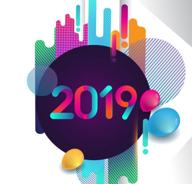 Yeni yıl kartı şablonu 2019 metin. Kış tebrik kartı parlak tatil arka plan üzerinde renkli vektör çizim
