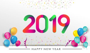 Yeni yıl kartı şablonu 2019 metin. Kış tebrik kartı beyaz arka plan üzerinde renkli vektör çizim